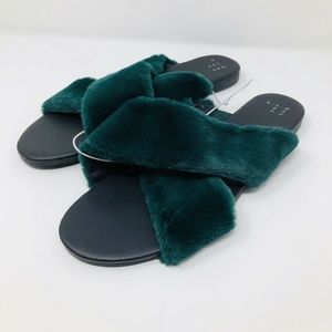 FRANNIE Green Faux Fur Slides Sandals Slides Sz 11